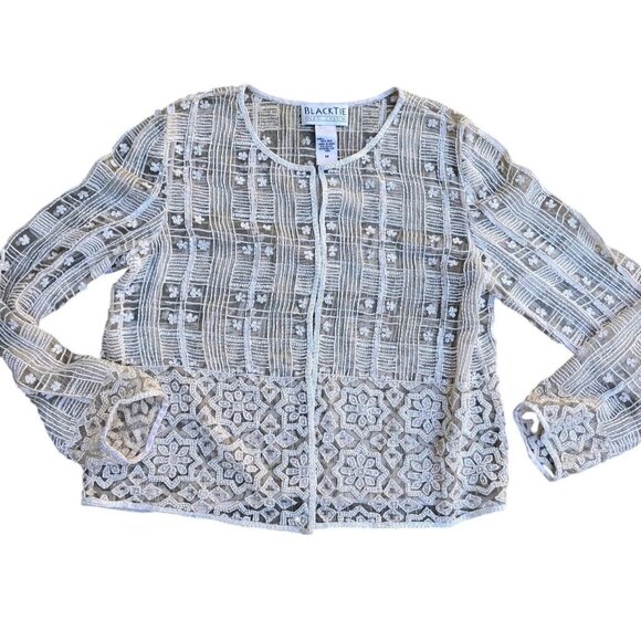 Black Tie Oleg Cassini Beaded Jacket M Women's 100% Silk Beige Sequined Designer - Picture 1 of 9